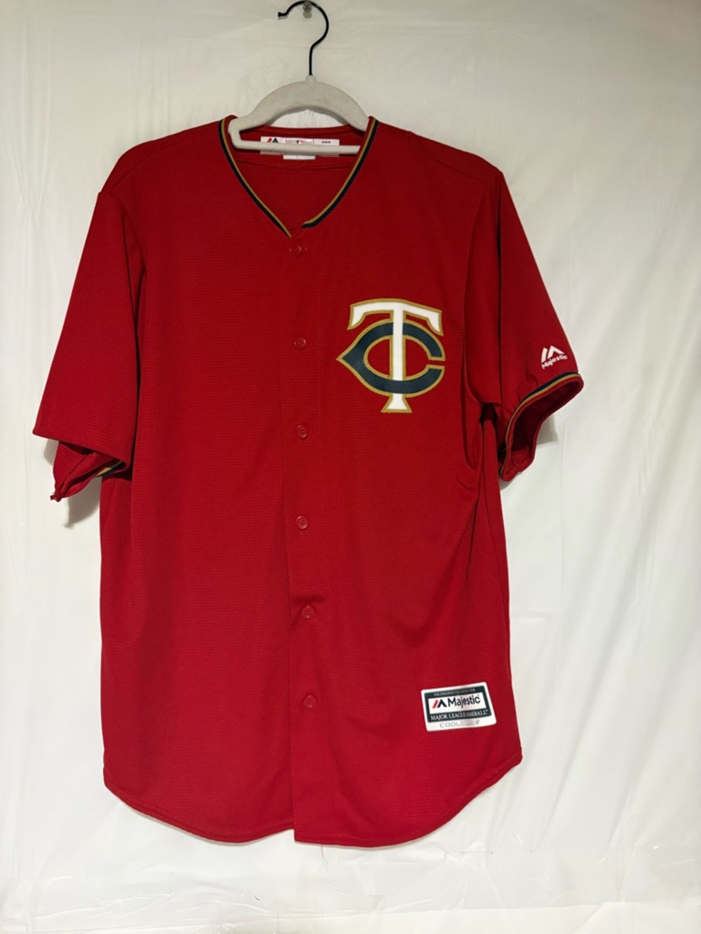 Majestic Red Minnesota Twins Button-Up Baseball Jersey with Gold Trim